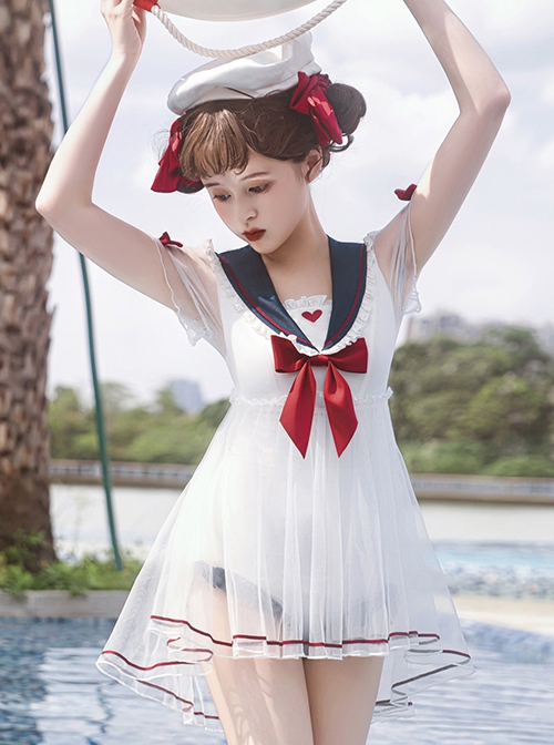 Navy Collar Pullover Rabbit Ears Tulle Hem Design Summer Classic Lolita One-Piece Short-Sleeved Swimsuit