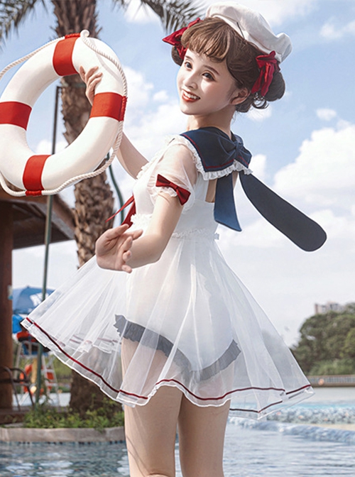 Navy Collar Pullover Rabbit Ears Tulle Hem Design Summer Classic Lolita One-Piece Short-Sleeved Swimsuit