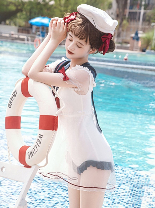 Navy Collar Pullover Rabbit Ears Tulle Hem Design Summer Classic Lolita One-Piece Short-Sleeved Swimsuit