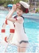 Navy Collar Pullover Rabbit Ears Tulle Hem Design Summer Classic Lolita One-Piece Short-Sleeved Swimsuit