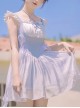 Pure Color Girly Splicing Bow-Knot Tulle Elegant Double Layer Hem Design Sweet Lolita Sleeveless One-Piece Swimsuit