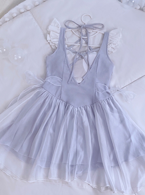 Pure Color Girly Splicing Bow-Knot Tulle Elegant Double Layer Hem Design Sweet Lolita Sleeveless One-Piece Swimsuit