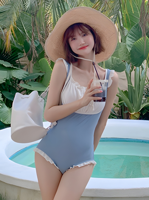 Cute Japanese Two-Dimensional Maid Style Simple Color Matching Sweet Lolita Sleeveless One-Piece Swimsuit