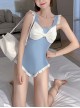 Blue-White Simple Japanese Cute White Bow-Knot Backless Girl Sweet Lolita Sleeveless One-Piece Swimsuit