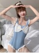 Blue-White Simple Japanese Cute White Bow-Knot Backless Girl Sweet Lolita Sleeveless One-Piece Swimsuit