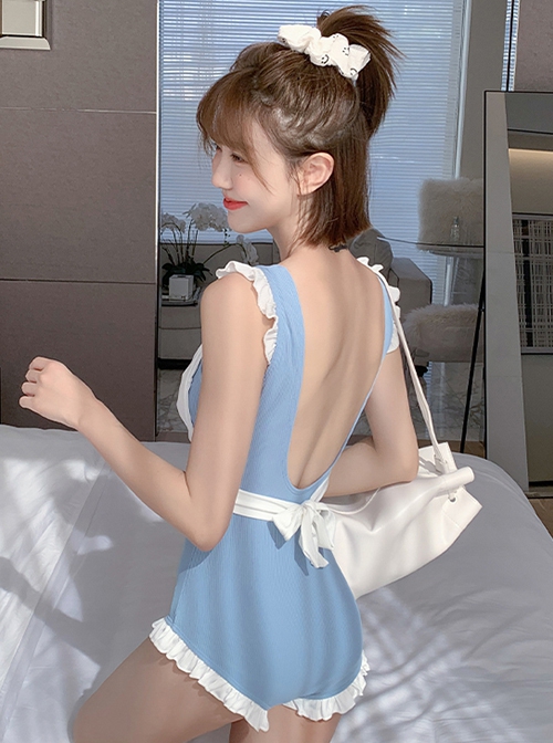 Blue-White Simple Japanese Cute White Bow-Knot Backless Girl Sweet Lolita Sleeveless One-Piece Swimsuit