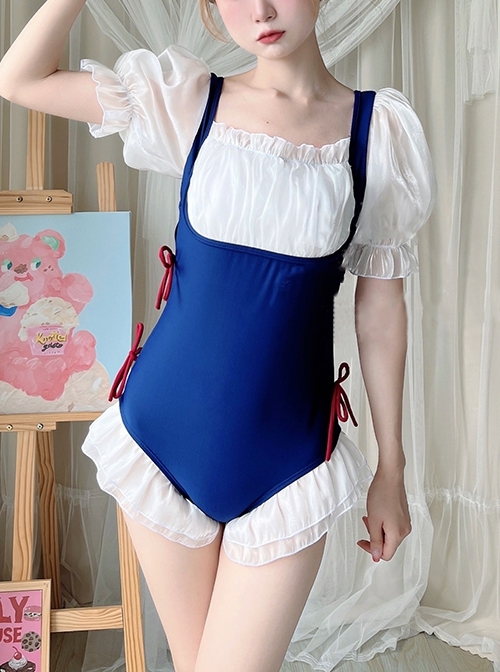 Snow White Sweet Cute Puff Sleeve Maid Dress Summer Casual Sweet Lolita Short-Sleeved One-Piece Swimsuit
