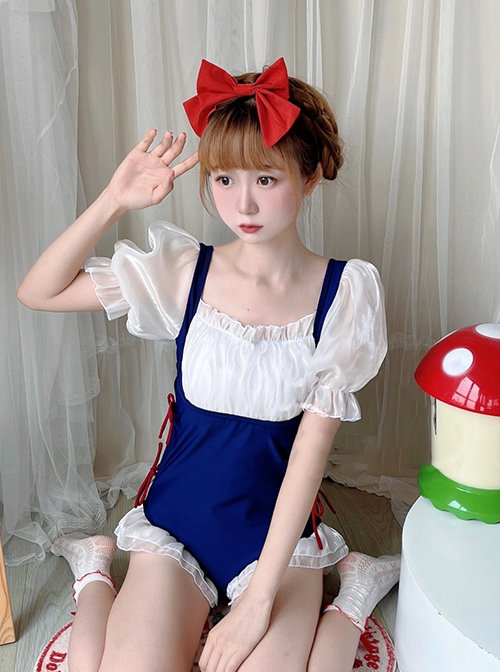 Snow White Sweet Cute Puff Sleeve Maid Dress Summer Casual Sweet Lolita Short-Sleeved One-Piece Swimsuit