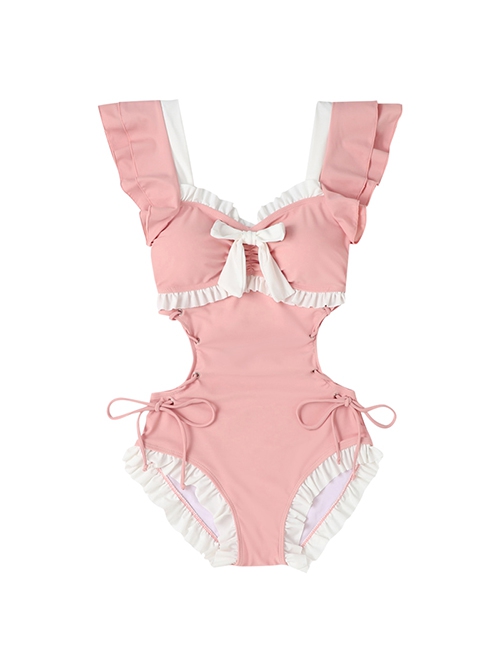 Pure Color Sweet Bowknot Decoration Waist Hollow Sexy Lace-Up Sweet Lolita Sleeveless One-Piece Swimsuit