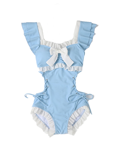 Pure Color Sweet Bowknot Decoration Waist Hollow Sexy Lace-Up Sweet Lolita Sleeveless One-Piece Swimsuit