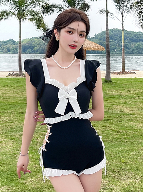 Pure Color Sweet Bowknot Decoration Waist Hollow Sexy Lace-Up Sweet Lolita Sleeveless One-Piece Swimsuit