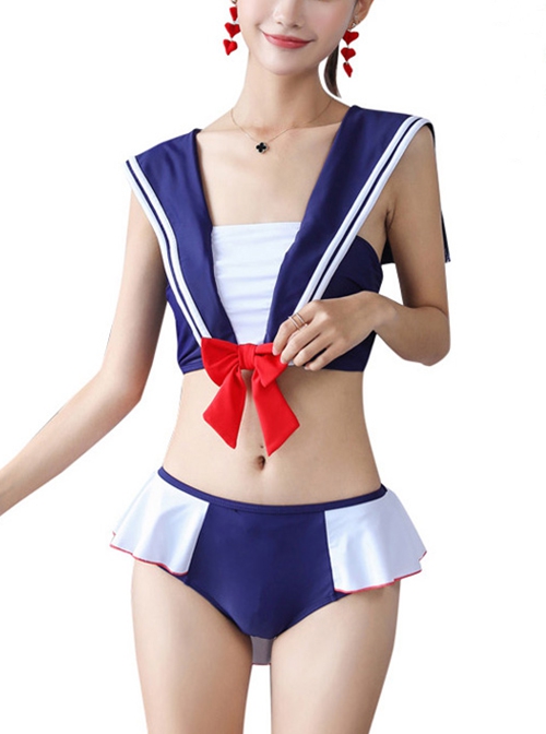 Navy Style Two-Dimensional Beauty Girl Sailor Suit Sexy Classic Lolita Sleeveless Top Skirt Pants Split Swimsuit