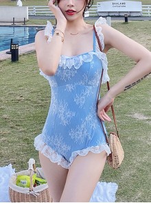 Dreamy Pink Blue Sweet Cute Energetic Girl Gathered White Lace Sweet Lolita Sleeveless One-Piece Swimsuit