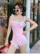 Dreamy Pink Blue Sweet Cute Energetic Girl Gathered White Lace Sweet Lolita Sleeveless One-Piece Swimsuit