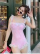 Dreamy Pink Blue Sweet Cute Energetic Girl Gathered White Lace Sweet Lolita Sleeveless One-Piece Swimsuit