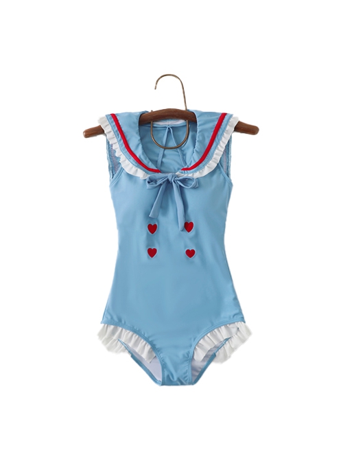 Cute Japanese Soft Girl Embroidered Love Ruffles Sweet Lolita Sleeveless One-Piece Swimsuit