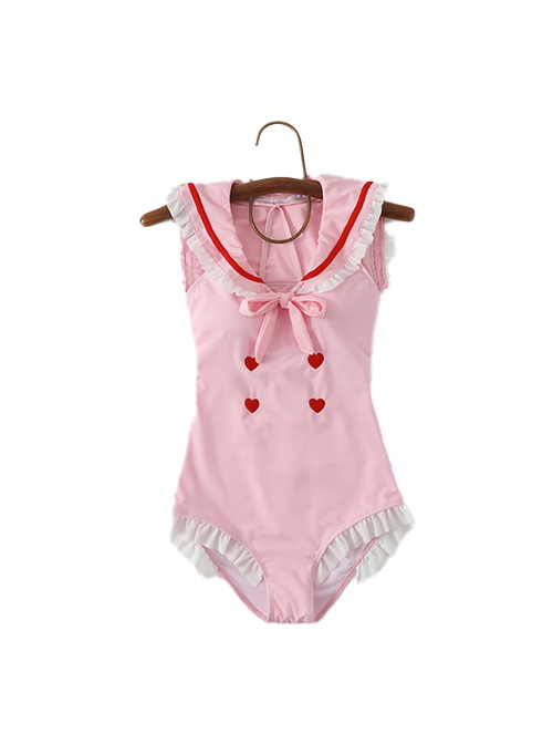 Cute Japanese Soft Girl Embroidered Love Ruffles Sweet Lolita Sleeveless One-Piece Swimsuit