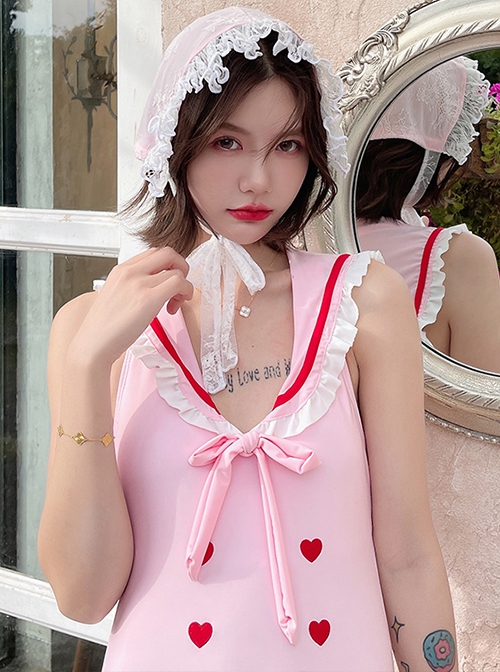 Cute Japanese Soft Girl Embroidered Love Ruffles Sweet Lolita Sleeveless One-Piece Swimsuit