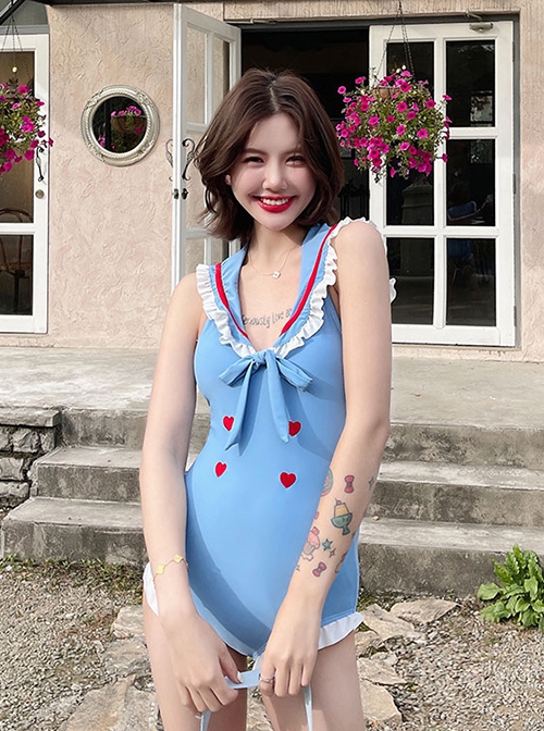 Cute Japanese Soft Girl Embroidered Love Ruffles Sweet Lolita Sleeveless One-Piece Swimsuit