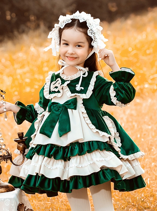 Green Velvet Princess Dress Stitching Lantern Sleeves Autumn Winter Classic Lolita Kids Long-Sleeved Dress