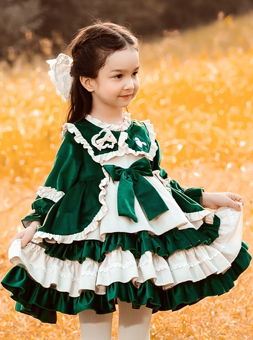 Green Velvet Princess Dress Stitching Lantern Sleeves Autumn Winter Classic Lolita Kids Long-Sleeved Dress