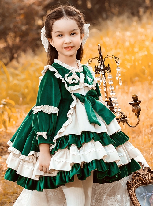 Green Velvet Princess Dress Stitching Lantern Sleeves Autumn Winter Classic Lolita Kids Long-Sleeved Dress