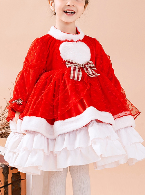 Red Love Polka Dot Plush Stand Collar Plaid Bow-Knot Decoration Winter Classic Lolita Kids Long Sleeve Dress