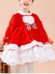 Red Love Polka Dot Plush Stand Collar Plaid Bow-Knot Decoration Winter Classic Lolita Kids Long Sleeve Dress