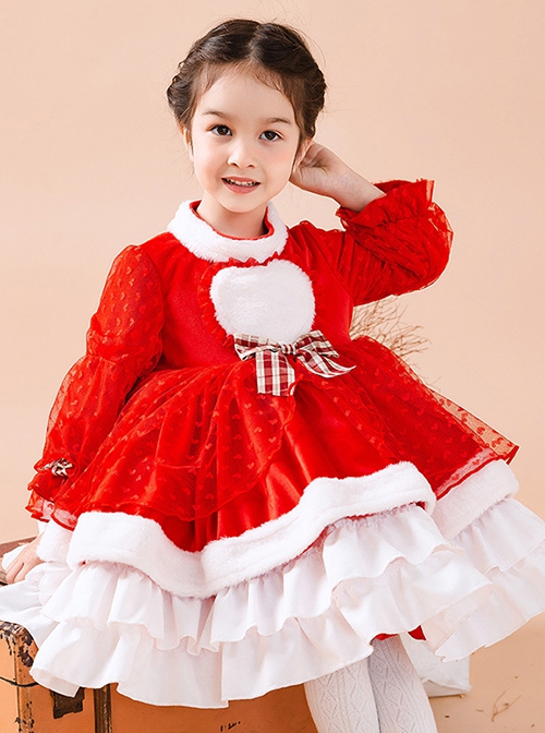 Red Love Polka Dot Plush Stand Collar Plaid Bow-Knot Decoration Winter Classic Lolita Kids Long Sleeve Dress