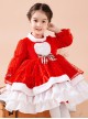 Red Love Polka Dot Plush Stand Collar Plaid Bow-Knot Decoration Winter Classic Lolita Kids Long Sleeve Dress