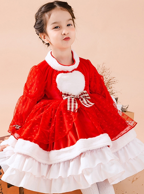 Red Love Polka Dot Plush Stand Collar Plaid Bow-Knot Decoration Winter Classic Lolita Kids Long Sleeve Dress