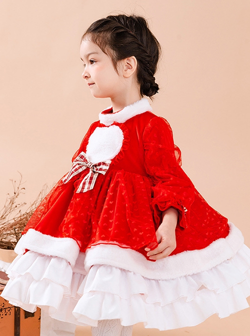 Red Love Polka Dot Plush Stand Collar Plaid Bow-Knot Decoration Winter Classic Lolita Kids Long Sleeve Dress