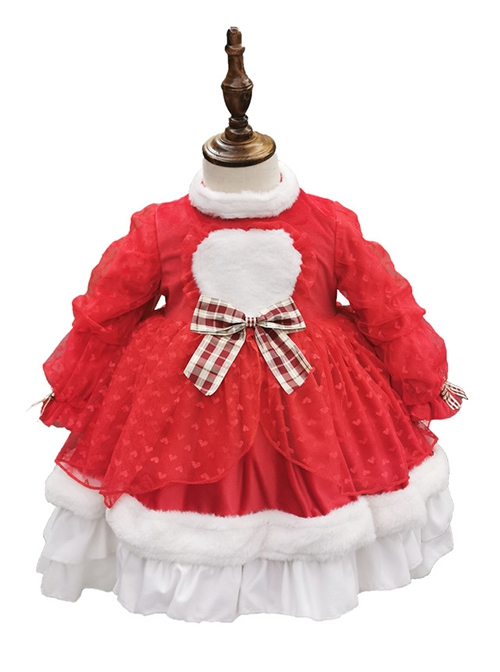 Red Love Polka Dot Plush Stand Collar Plaid Bow-Knot Decoration Winter Classic Lolita Kids Long Sleeve Dress