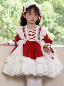 White Lace Gorgeous Palace Princess Dress Stitching Lantern Sleeves Spring Autumn Wine Red Classic Lolita Kids Long-Sleeved Dress
