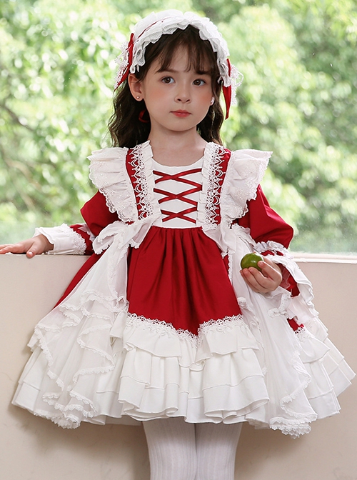 White Lace Gorgeous Palace Princess Dress Stitching Lantern Sleeves Spring Autumn Wine Red Classic Lolita Kids Long-Sleeved Dress