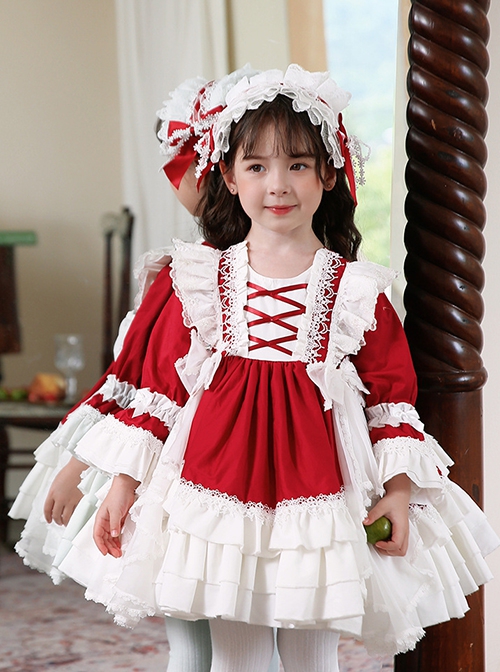 White Lace Gorgeous Palace Princess Dress Stitching Lantern Sleeves Spring Autumn Wine Red Classic Lolita Kids Long-Sleeved Dress