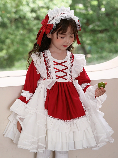 White Lace Gorgeous Palace Princess Dress Stitching Lantern Sleeves Spring Autumn Wine Red Classic Lolita Kids Long-Sleeved Dress