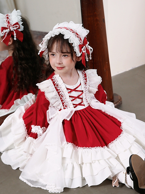 White Lace Gorgeous Palace Princess Dress Stitching Lantern Sleeves Spring Autumn Wine Red Classic Lolita Kids Long-Sleeved Dress