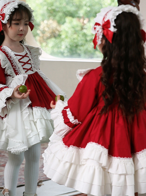 White Lace Gorgeous Palace Princess Dress Stitching Lantern Sleeves Spring Autumn Wine Red Classic Lolita Kids Long-Sleeved Dress
