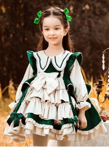 Autumn Winter Velvet Bowknot Lace Decoration Princess Dress Classic Lolita Kids Long-Sleeved Dress