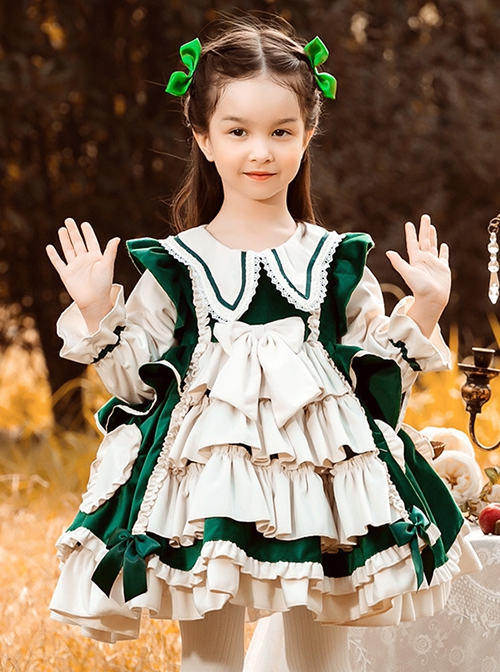 Autumn Winter Velvet Bowknot Lace Decoration Princess Dress Classic Lolita Kids Long-Sleeved Dress