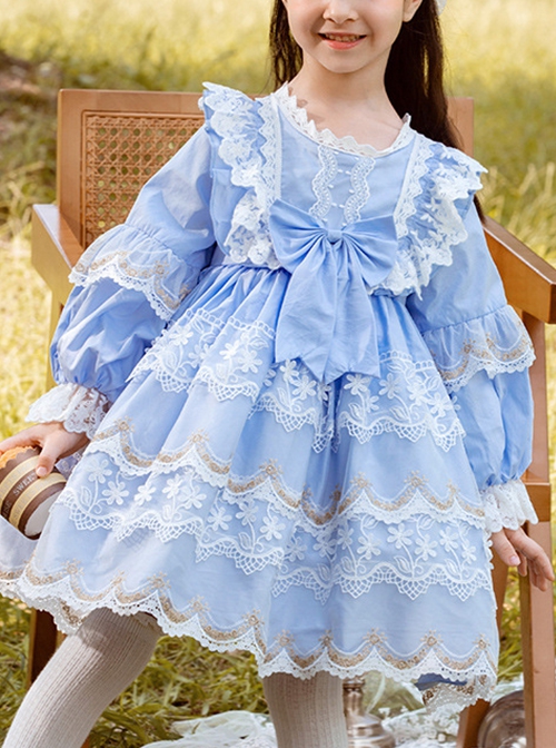 Light Blue Lace Stitching Puff Sleeve Cute Autumn Sweet Lolita Kids Long-Sleeved Dress