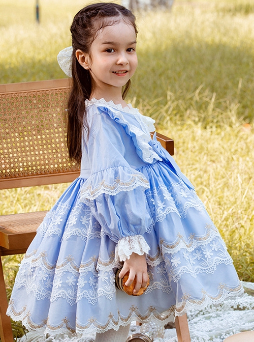 Light Blue Lace Stitching Puff Sleeve Cute Autumn Sweet Lolita Kids Long-Sleeved Dress