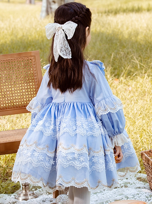 Light Blue Lace Stitching Puff Sleeve Cute Autumn Sweet Lolita Kids Long-Sleeved Dress