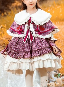 Purple Plaid Bear Embroidery Ruffle Irregular Hem Plush Large Collar Cloak Classic Lolita Kids Long Sleeve Dress Set