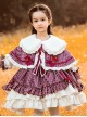 Purple Plaid Bear Embroidery Ruffle Irregular Hem Plush Large Collar Cloak Classic Lolita Kids Long Sleeve Dress Set