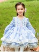 Blue Round Neck Lace Stitching Lantern Sleeve Flower Decoration Tassel Hem Design Spring Autumn Classic Lolita Kids Long-Sleeved Dress