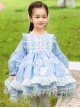 Blue Round Neck Lace Stitching Lantern Sleeve Flower Decoration Tassel Hem Design Spring Autumn Classic Lolita Kids Long-Sleeved Dress