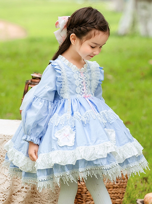 Blue Round Neck Lace Stitching Lantern Sleeve Flower Decoration Tassel Hem Design Spring Autumn Classic Lolita Kids Long-Sleeved Dress