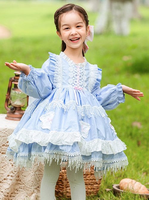 Blue Round Neck Lace Stitching Lantern Sleeve Flower Decoration Tassel Hem Design Spring Autumn Classic Lolita Kids Long-Sleeved Dress